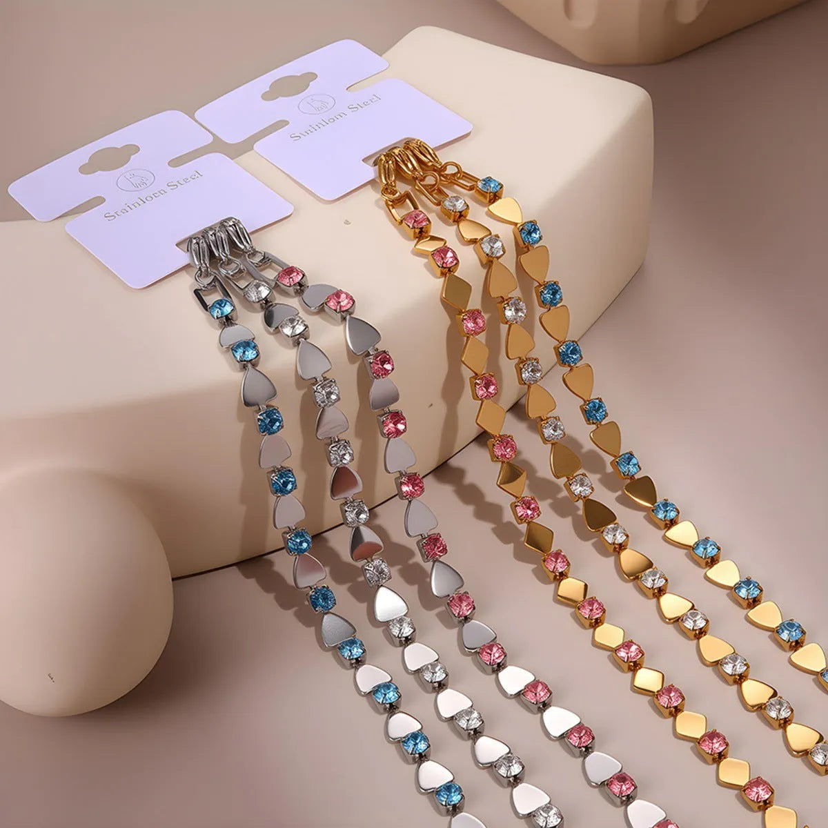 Non-fading electroplated stainless steel geometric bracelet with cubic zirconia stones in colour variant NMSB-J737