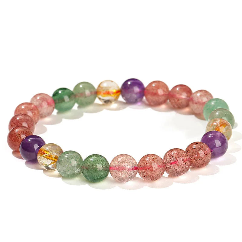 Natural strawberry quartz and tourmaline geometric bead bracelet for women in 7mm, 8mm, and 9mm sizes.