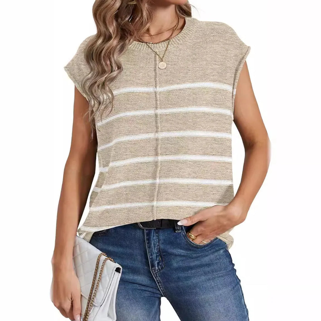 Women's striped sleeveless pullover vest with seam bone stitching in apricot colour