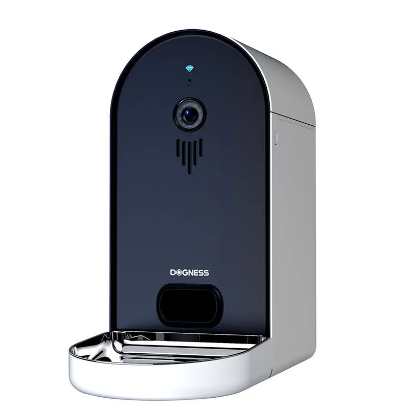Automatic pet feeder with remote monitoring in Barbie pink and ivory white colours