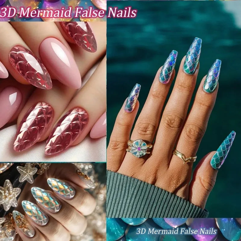3D scale textured long shaping artificial nail tips in a Frigate box, showing colour mix options 01 to 07.