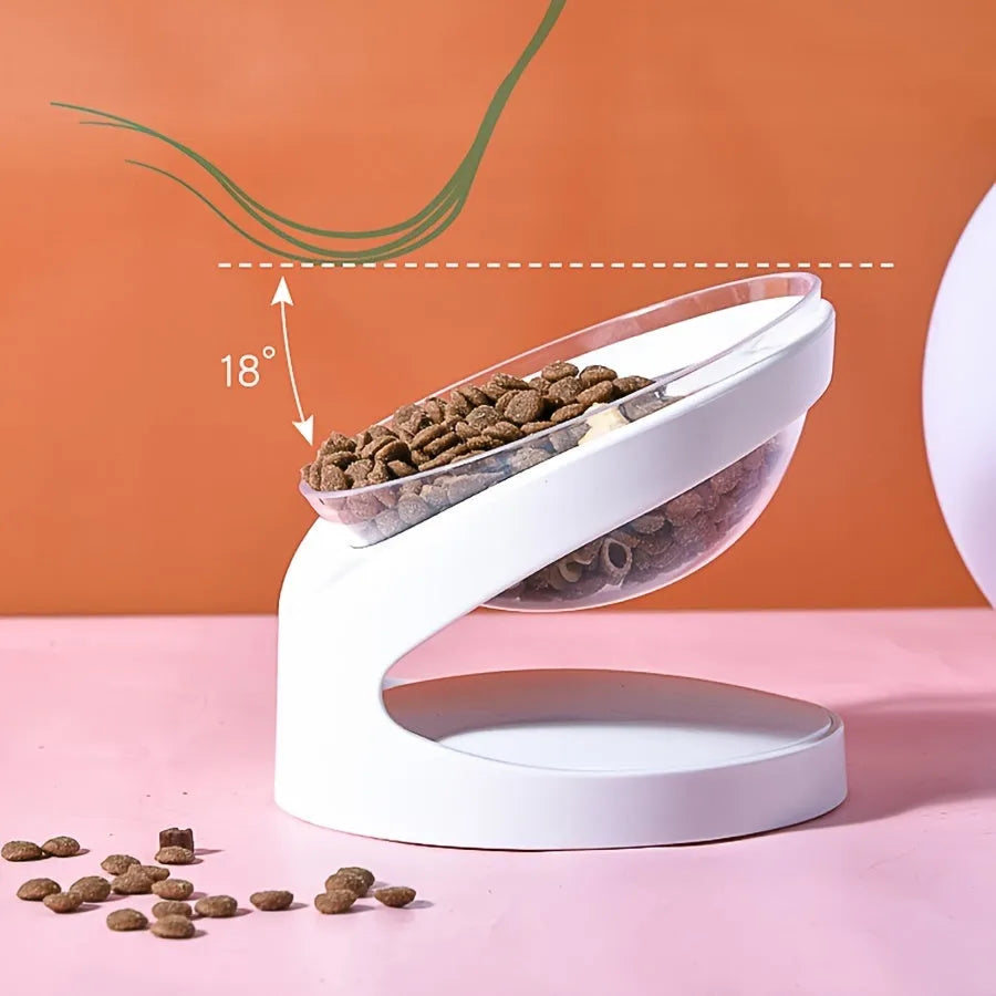 Clear elevated cat food bowl with ergonomic tilt design for neck protection