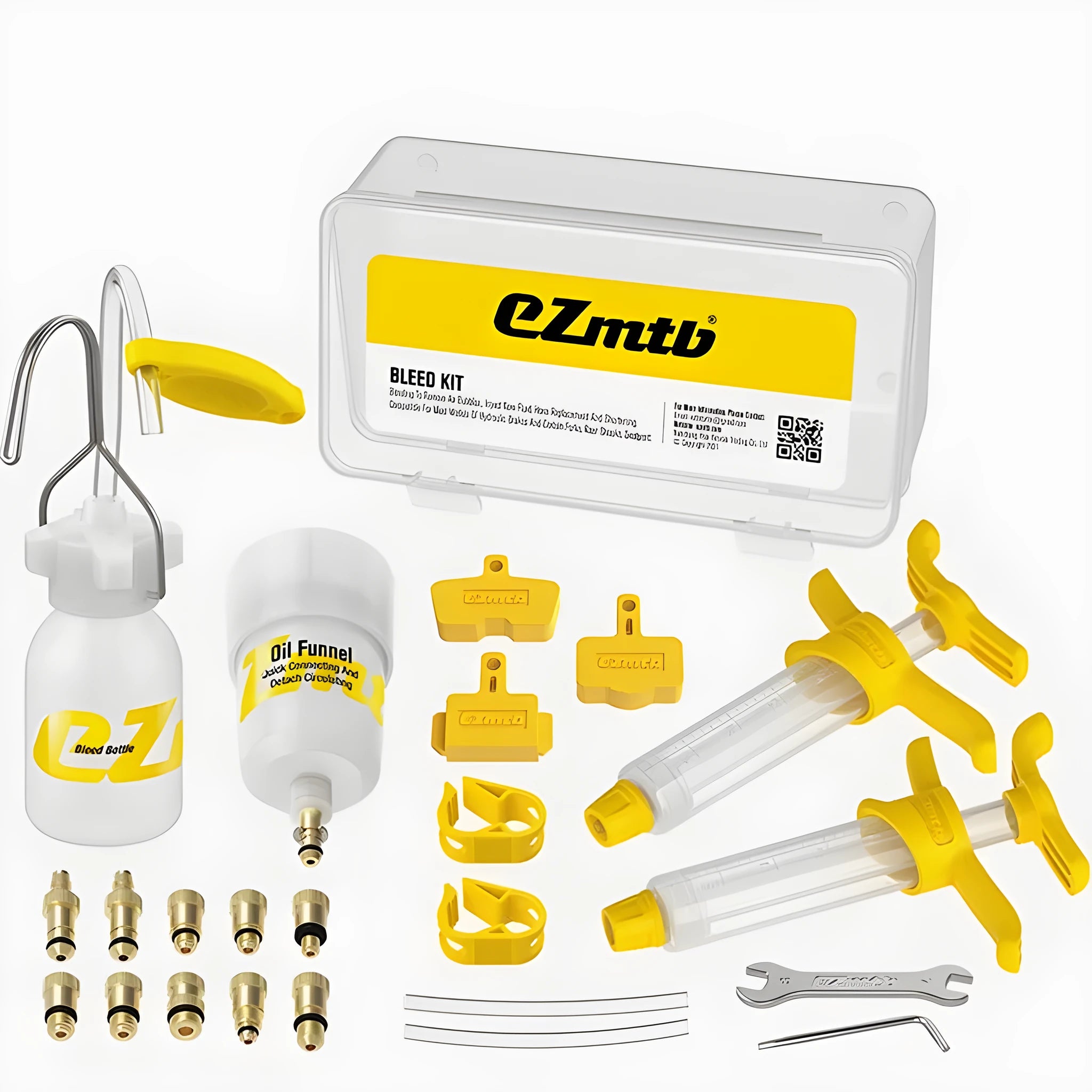 EZmtb bicycle hydraulic brake bleed kit with syringes, bottles, hoses, and metal adapters on a workbench.