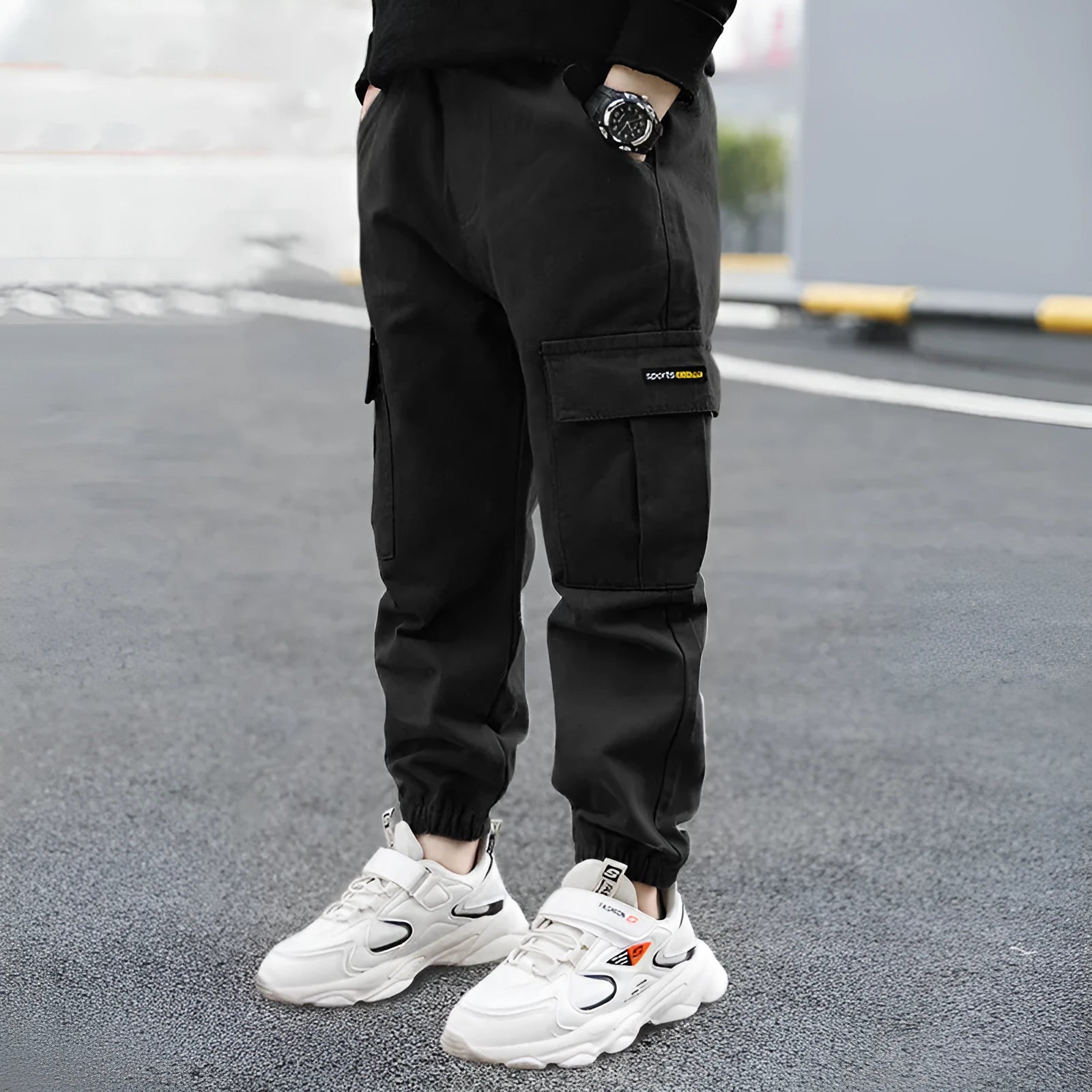 Boys' casual cotton summer trousers in khaki, shown in size for child over 140cm.