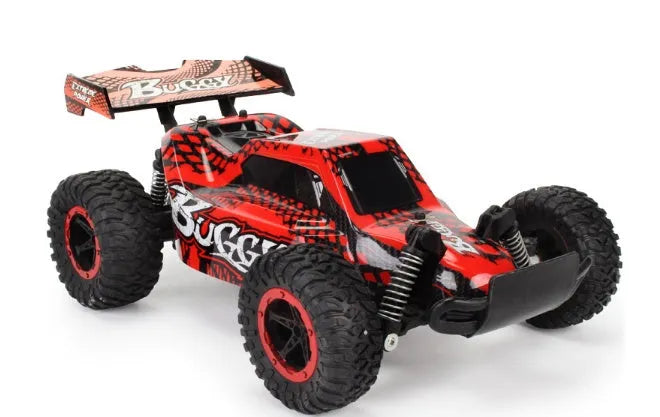 Blue 1:18 scale remote control drift car with 2.4GHz transmitter on black surface