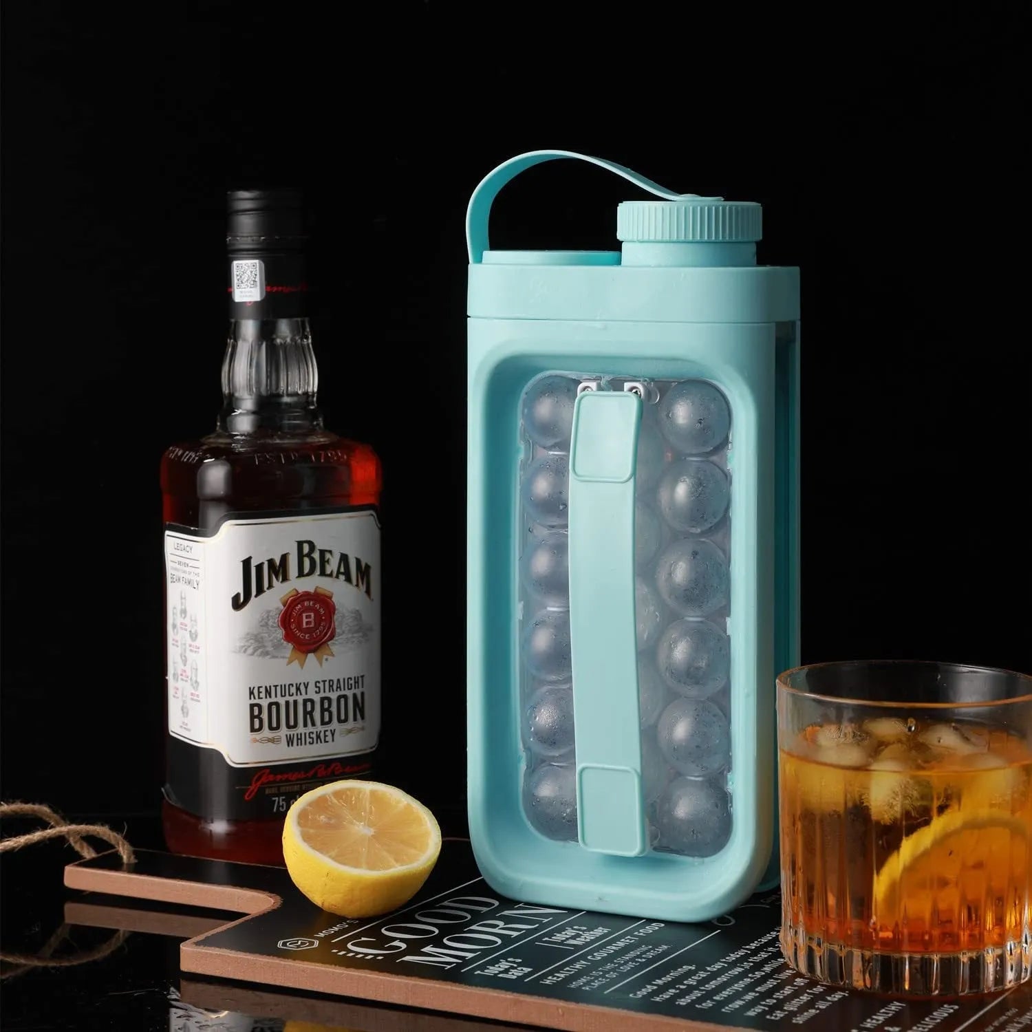 Light blue and white 2-in-1 ice ball cold kettle showing ice tray and bottle functions