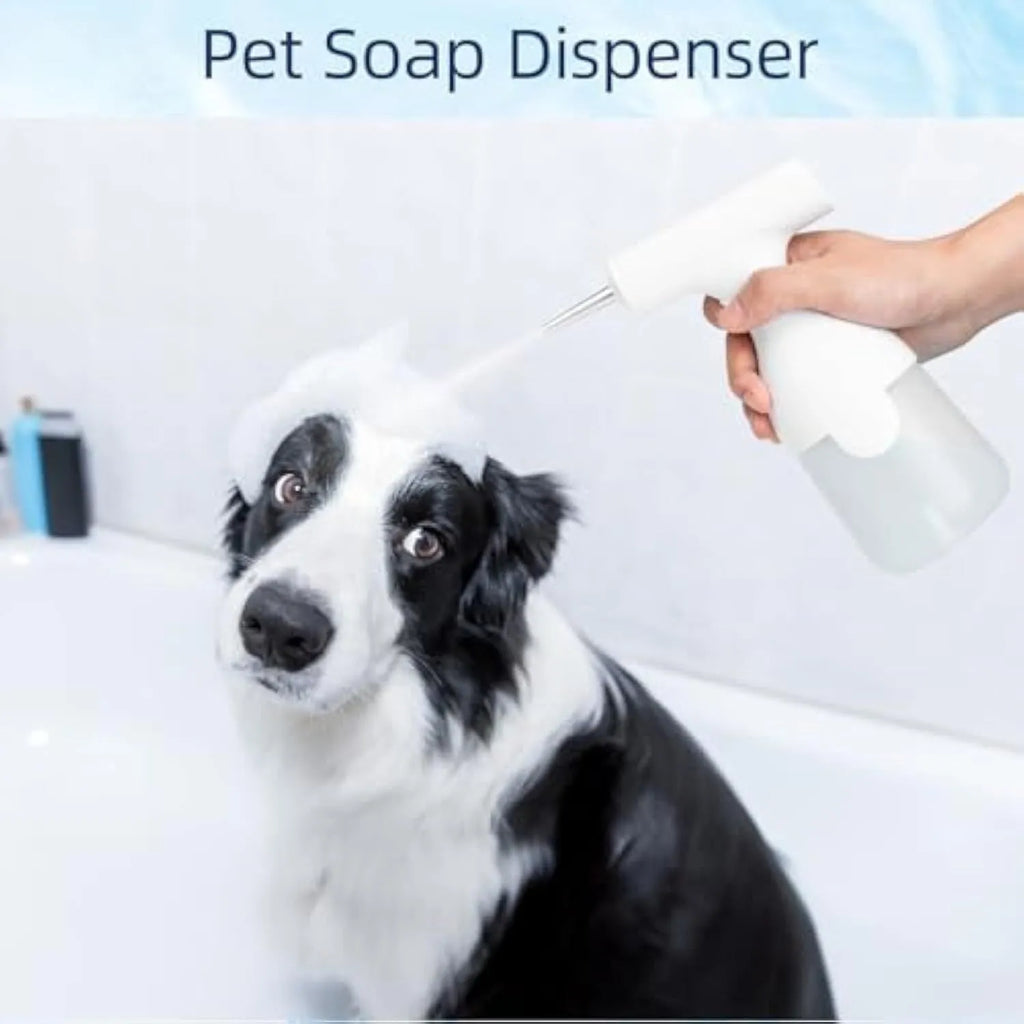 White electric foam soap dispenser with rechargeable battery and dual nozzles for pet bathing and household cleaning