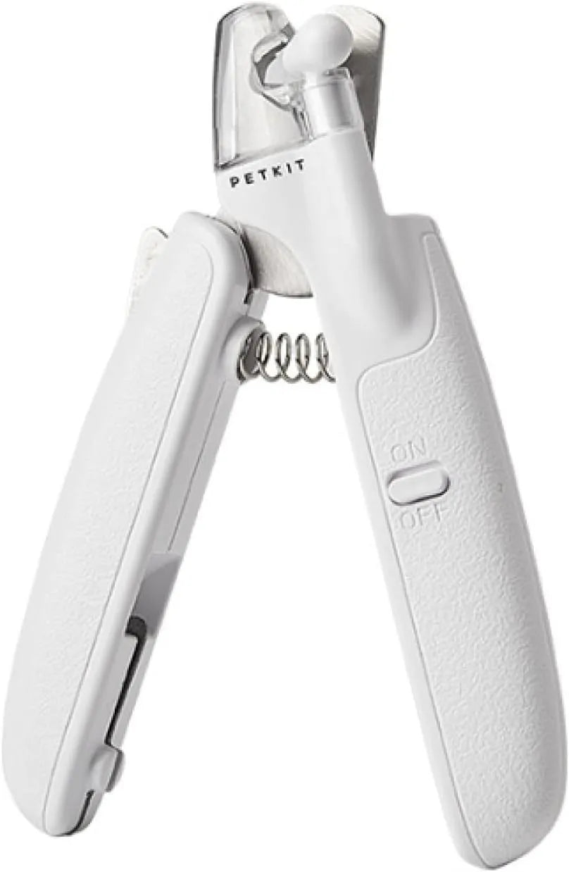 White LED pet nail clippers with a transparent guard open, showing the triangular blade and integrated nail file.