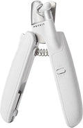 White LED pet nail clippers with a transparent guard open, showing the triangular blade and integrated nail file.