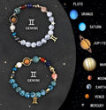 Two natural stone bead bracelets with zodiac symbols on an adjustable cord.