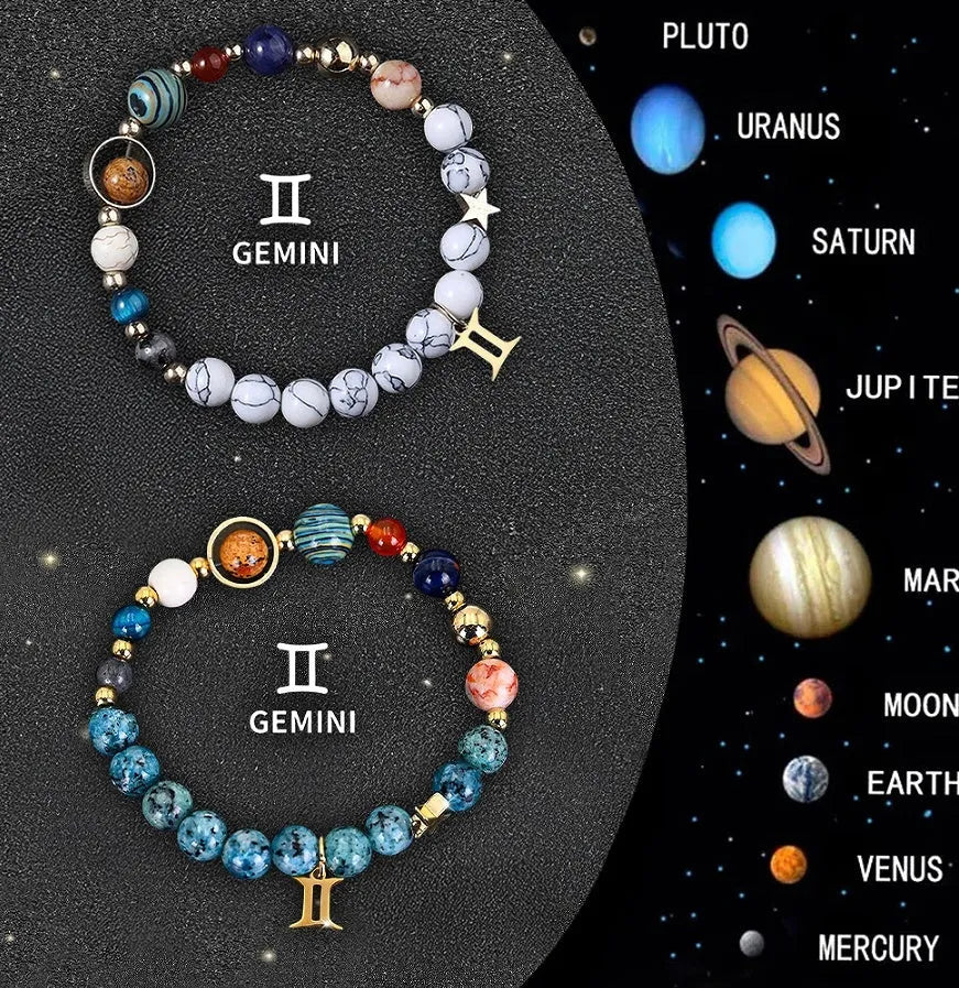 Two natural stone bead bracelets with zodiac symbols on an adjustable cord.