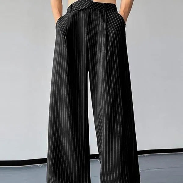 Men's black vertical striped pleated casual trousers made from rabbit hair and bamboo fibre blend