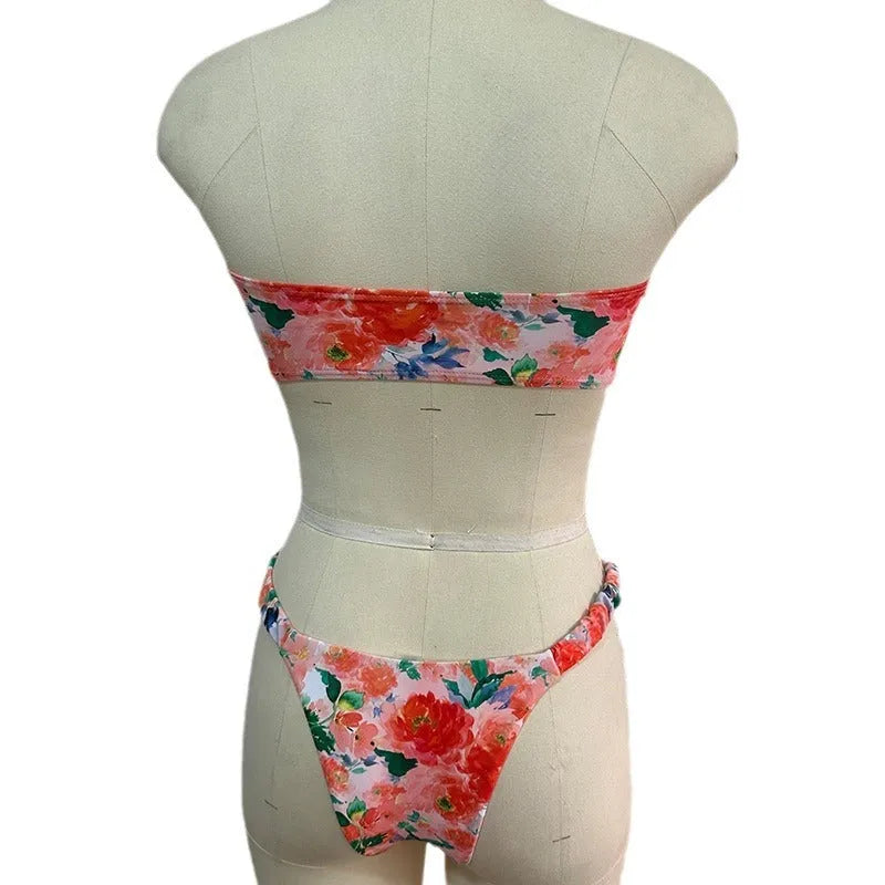 Floral printed tube top bikini set with lace trim in blue, pink, yellow colours