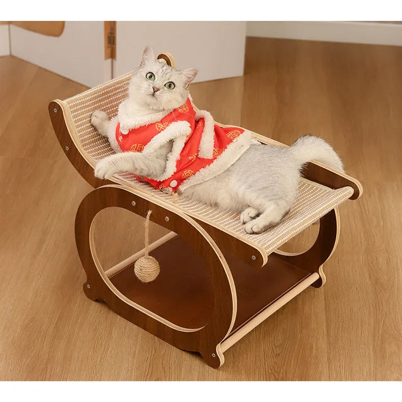 Solid wood cat bed with sisal scratching surface in walnut colour finish