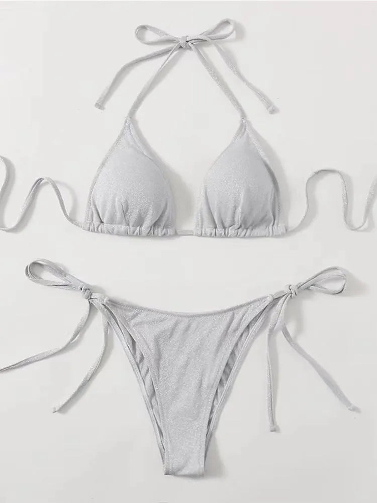 Women's khaki gold bandage detail bikini swimsuit set on a mannequin, showing top and briefs.