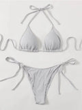 Women's khaki gold bandage detail bikini swimsuit set on a mannequin, showing top and briefs.