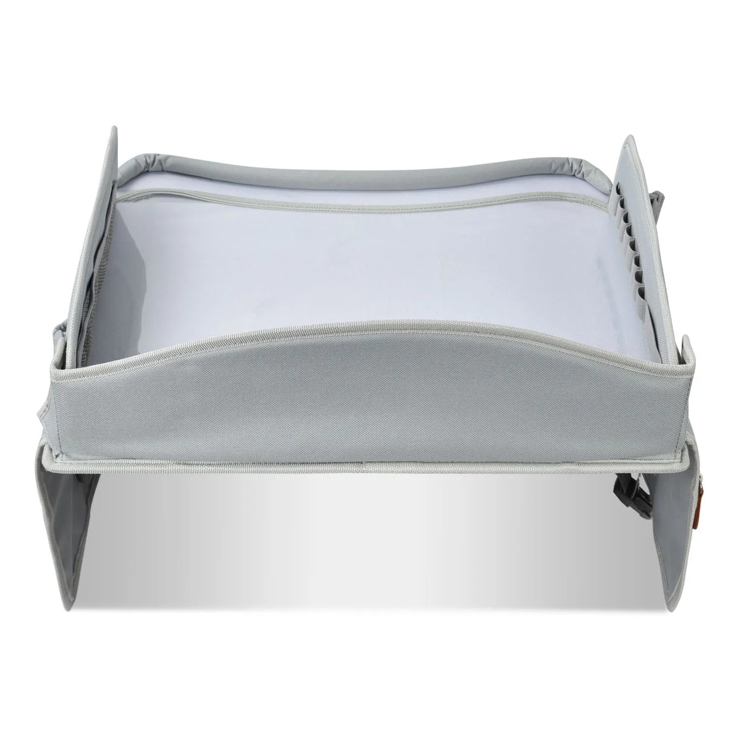 Gray portable car safety seat tray made from Oxford cloth measuring 43x36.5x30cm