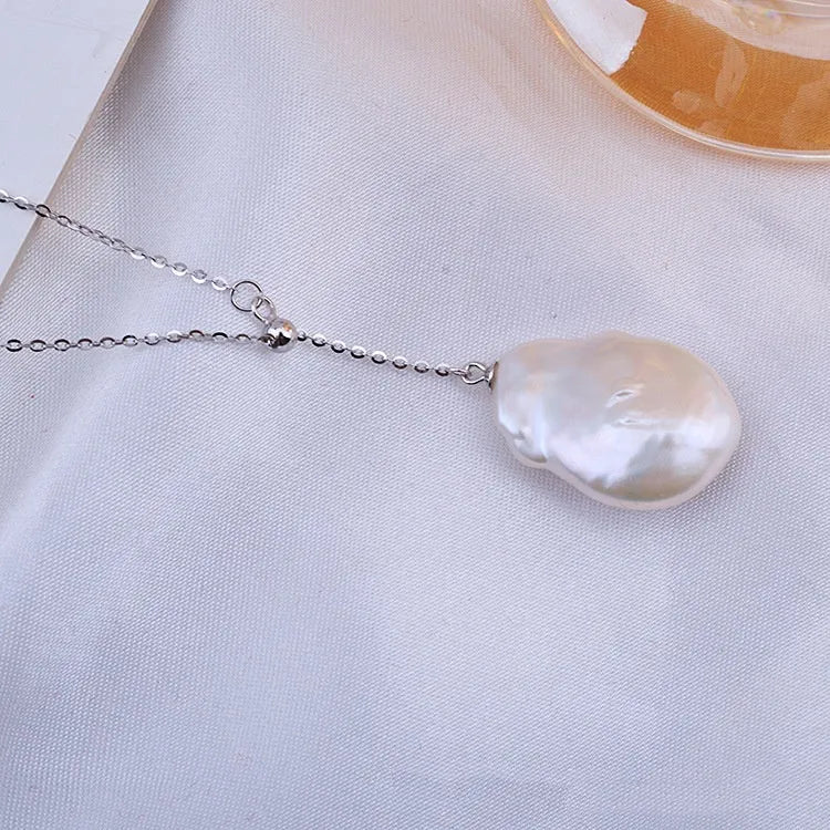 Freshwater pearl shaped baroque pendant on 925 sterling silver button necklace, natural water flow style, silver colour