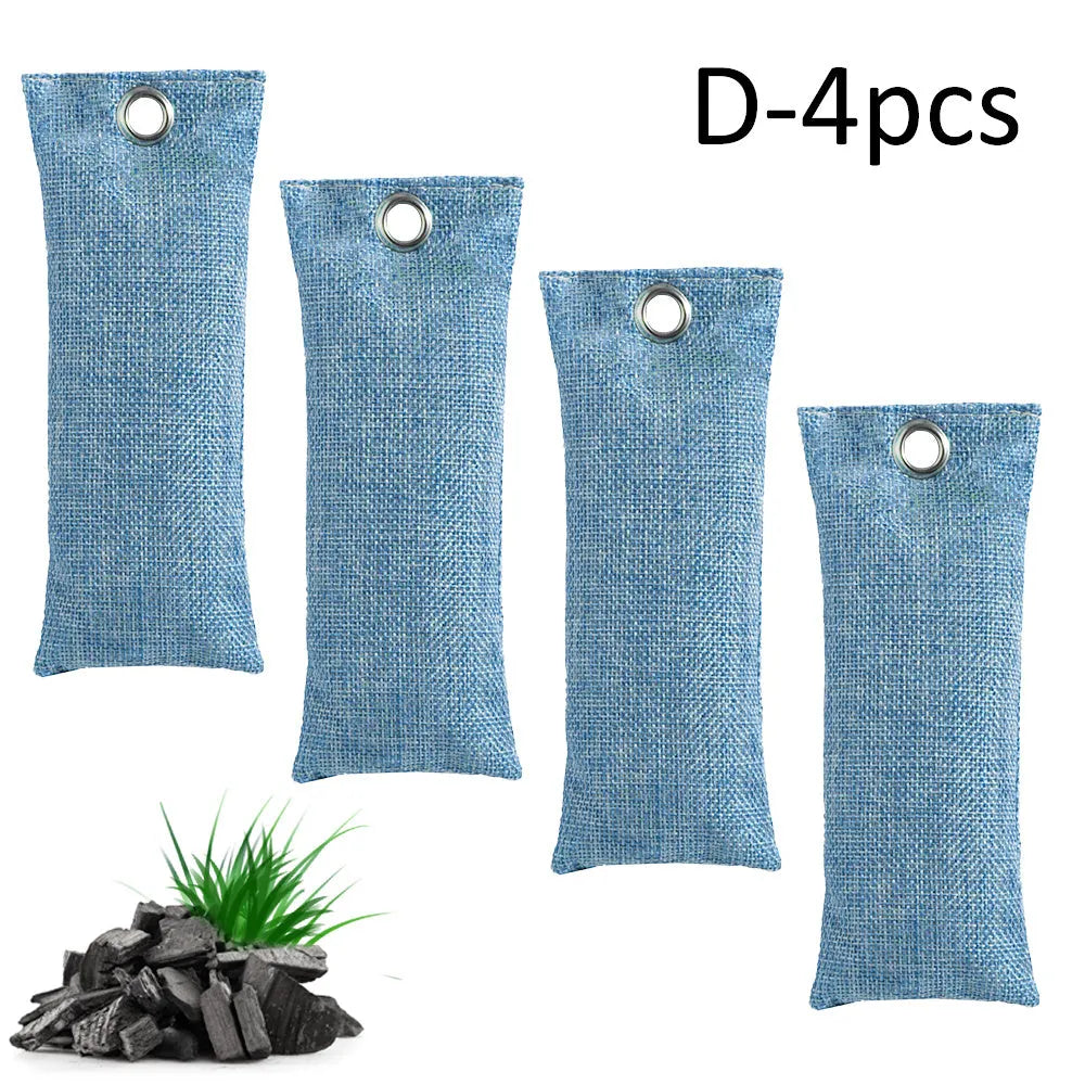 Black, green, grey, and blue bamboo charcoal deodoriser bags for shoes and household odour absorption.