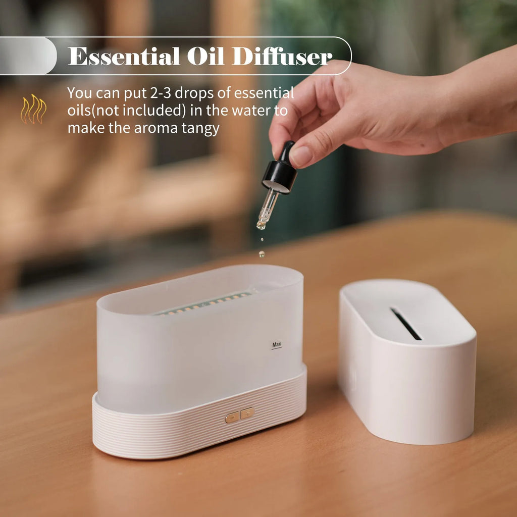 Square black ultrasonic aroma diffuser with flame light effect and mist output