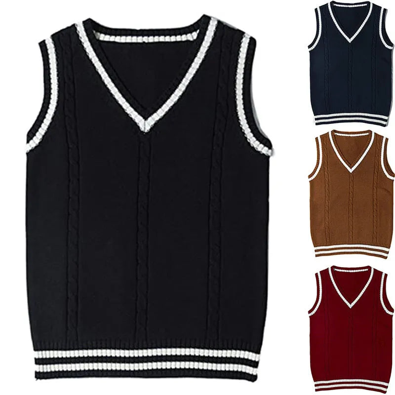 Women's V-neck knitted waistcoat sweater with striped stitching in slim fit