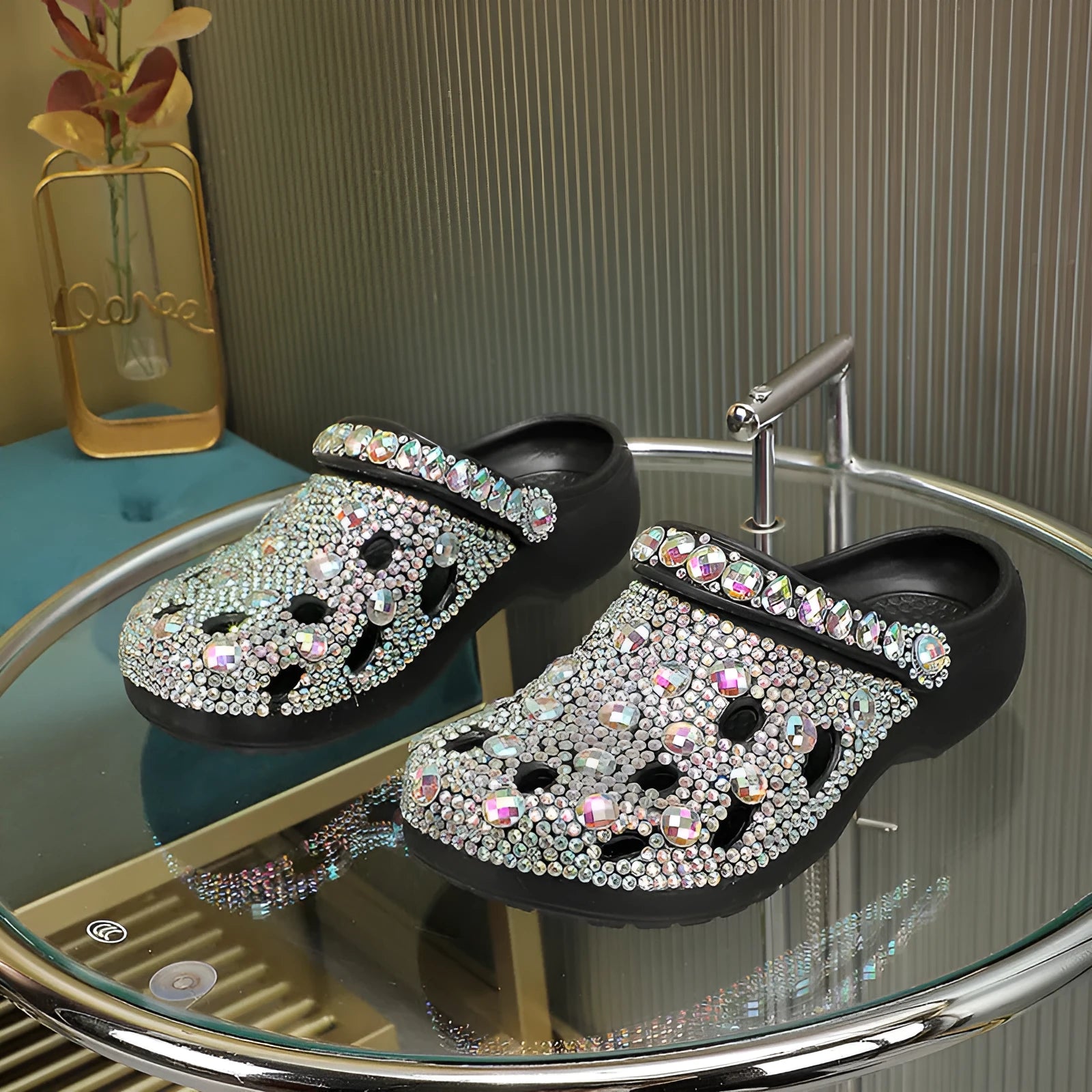 Black women's platform sandals with rhinestone decoration on the EVA upper.