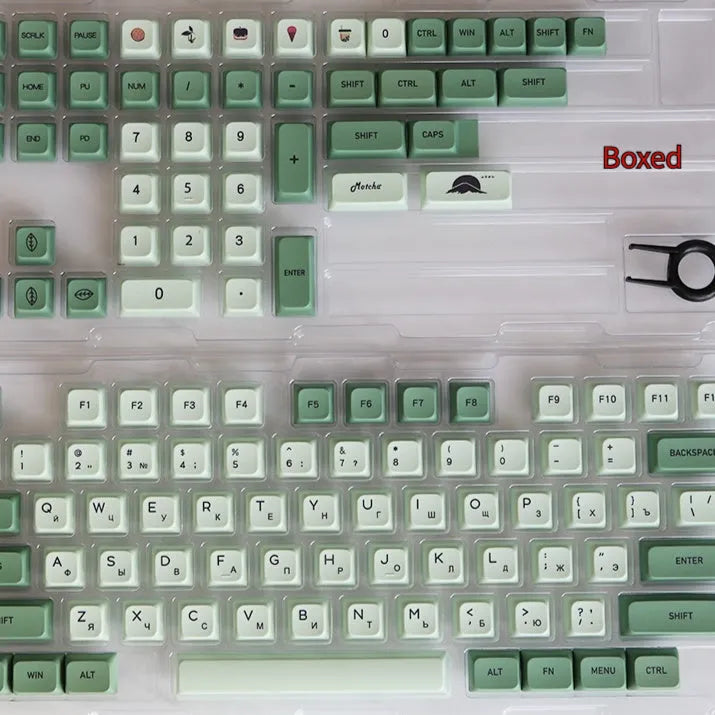 124-key Matcha green PBT keycap set for a mechanical keyboard, showing multiple language layout options.