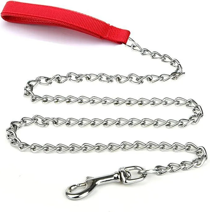 Heavy duty metal chain dog leash with a soft black padded handle, shown in red, blue, and black colours
