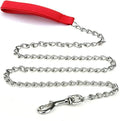 Heavy duty metal chain dog leash with a soft black padded handle, shown in red, blue, and black colours