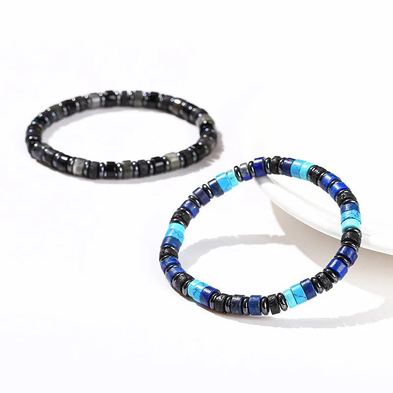 Natural volcanic rock and haematite 6mm geometric bead bracelet in blue pine lapis lazuli or haematite colours