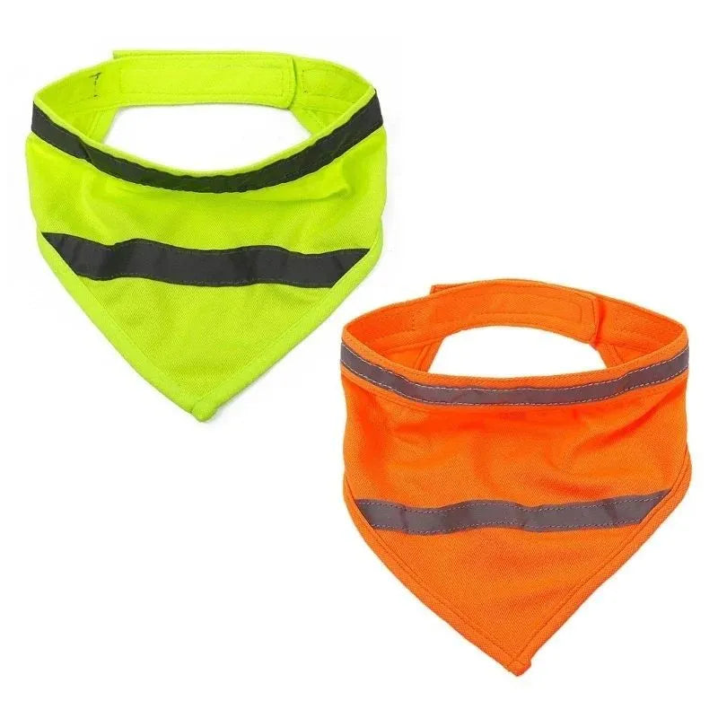 Bright orange polyester dog bandana with adhesive strap shown on canine neck