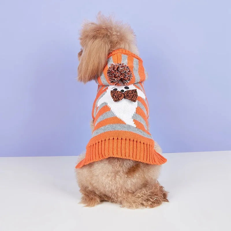 Orange striped knitted pet Halloween sweater with a hood and fur ball decoration for dogs and cats.