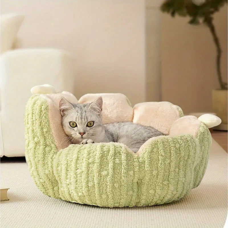 Cactus-themed cat kennel with removable cushion in purple or green, showing large and small size options