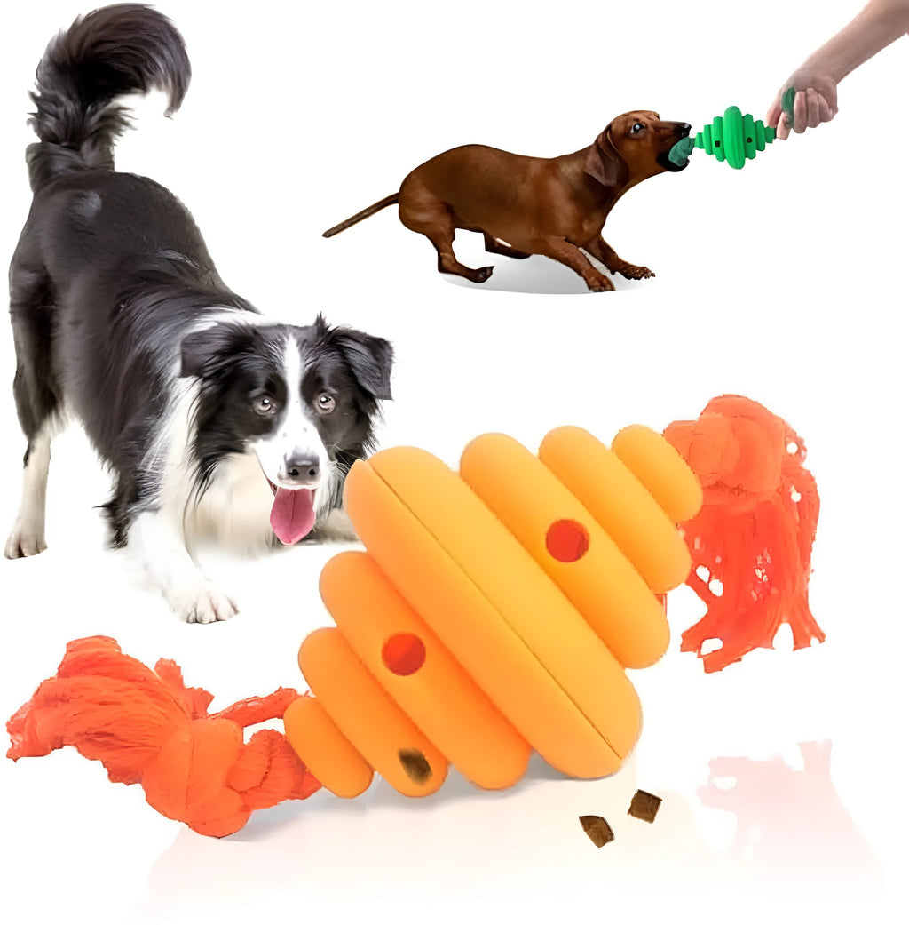 Green and yellow dog ball with integrated rope, hollow treat-dispensing design