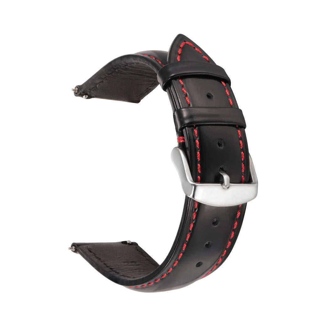 Quick release cowhide leather watch strap shown in dark brown with white contrast stitching