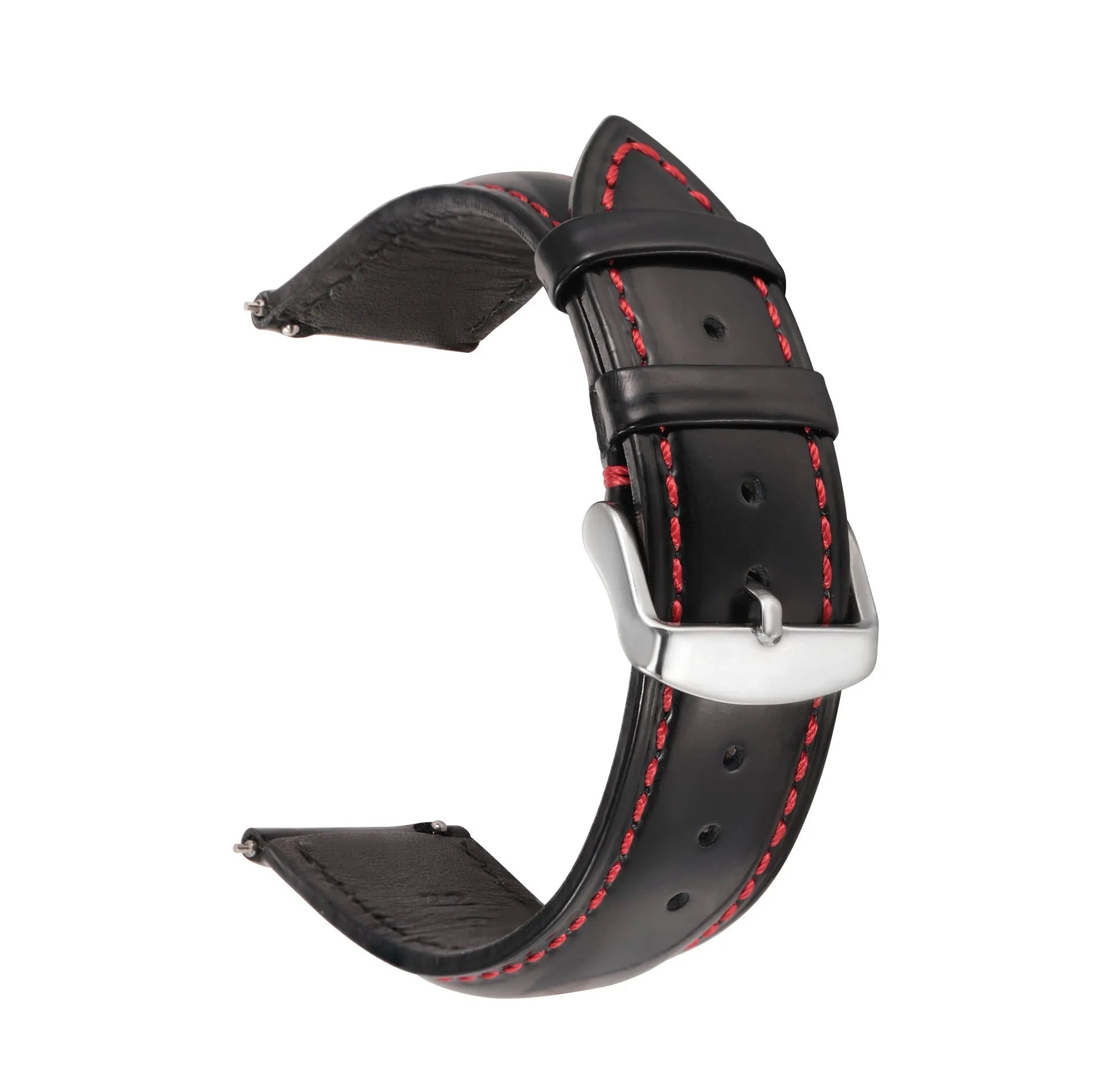 Quick release cowhide leather watch strap shown in dark brown with white contrast stitching