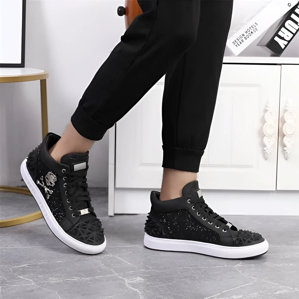 Men's black and red high-top skeleton shoes made from genuine leather with a lace-up front.