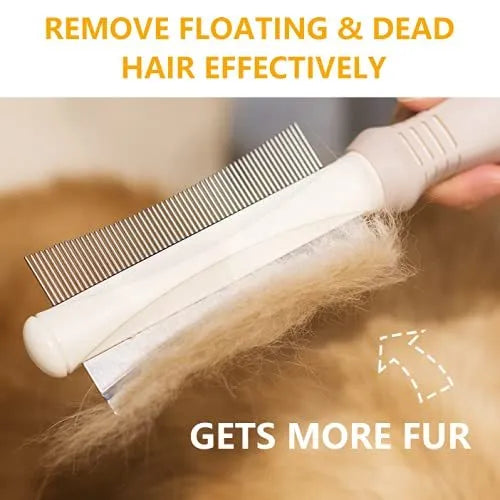 White double-sided pet grooming brush with curved design and comfort-grip handle for dogs and cats
