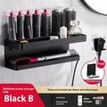 White two-layer aluminium punch-free bathroom storage rack mounted on a wall holding hair curlers.