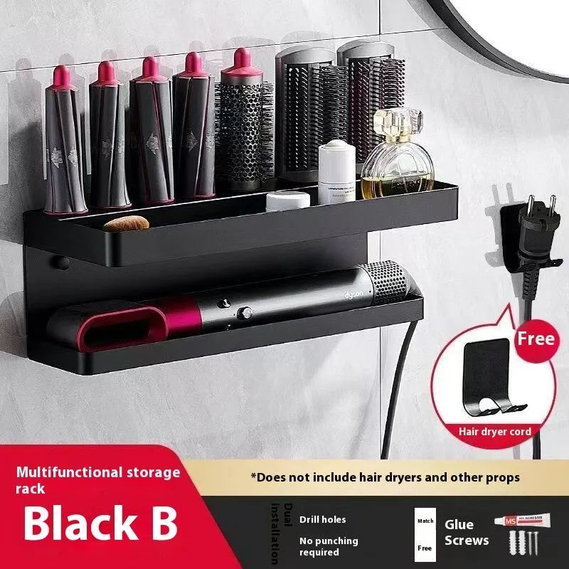 White two-layer aluminium punch-free bathroom storage rack mounted on a wall holding hair curlers.