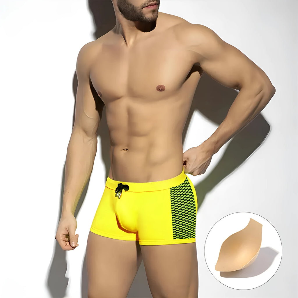 Men's polka dot print quick-dry swimming boxers in black, dark blue, and yellow colour options