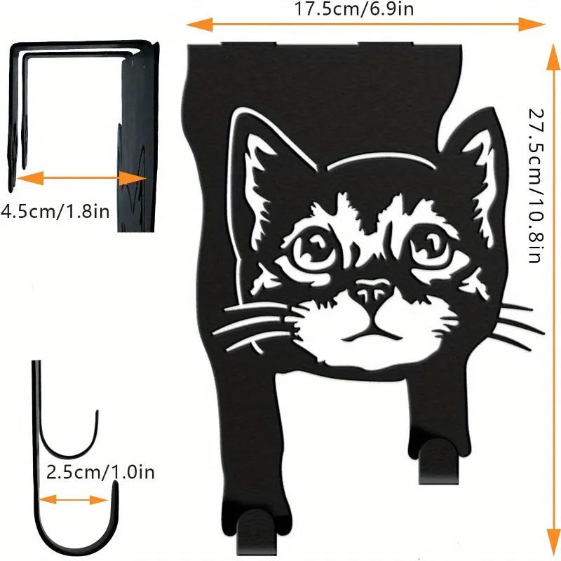 Black iron wall-mounted decorative cat hook for punch-free door or wall organisation.