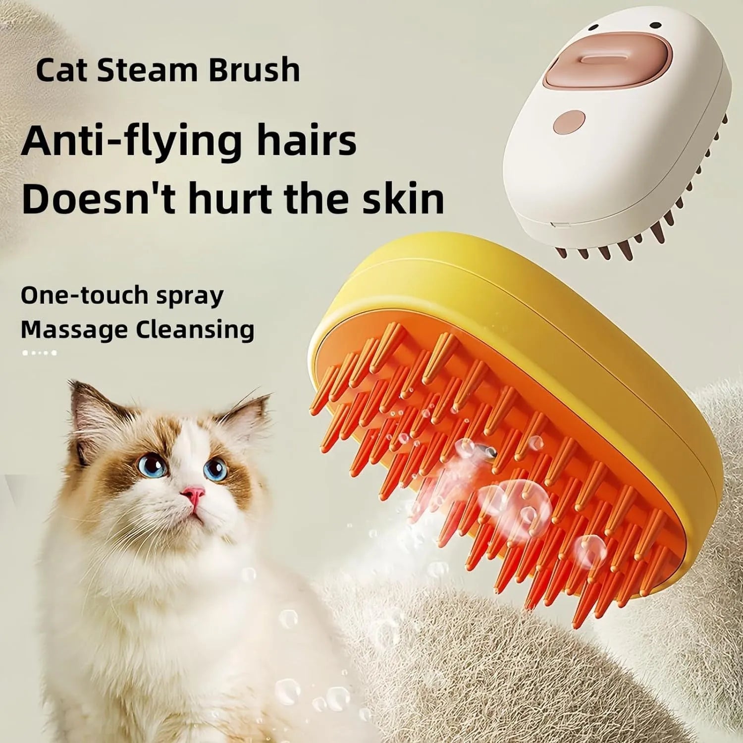 White or yellow rechargeable steam pet brush for dogs and cats on a plain background