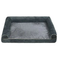A square breathable sponge dog bed in a crate, available in blue, grey, and beige colours.