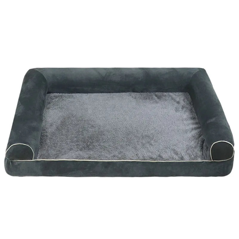 A square breathable sponge dog bed in a crate, available in blue, grey, and beige colours.