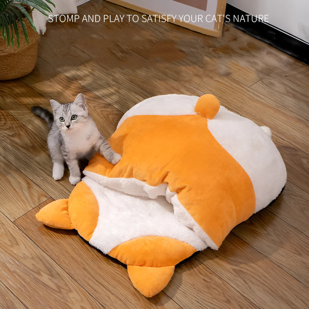 Orange semi-closed cat sleeping bag measuring 65x53cm with winter bed design