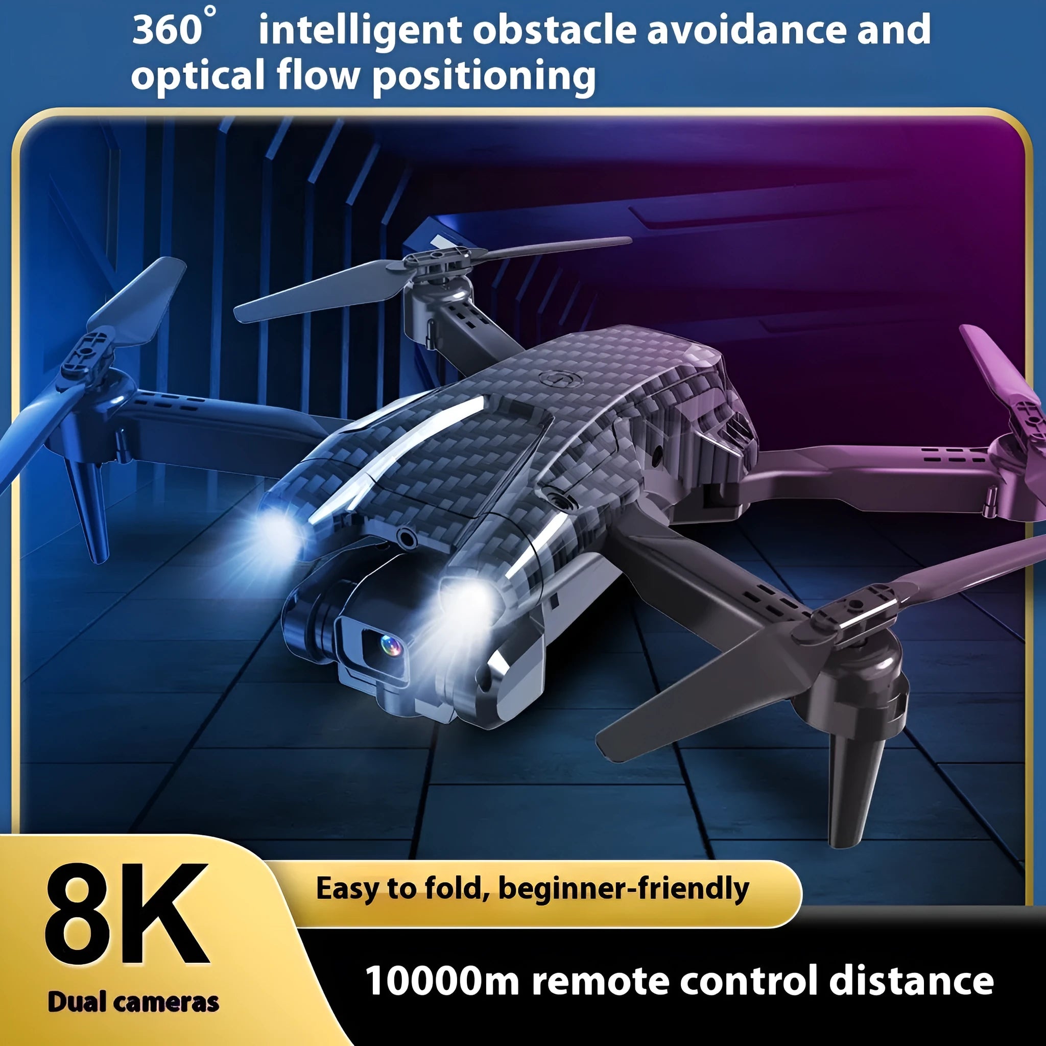 S138 black carbon fibre folding drone with dual cameras and obstacle avoidance sensors