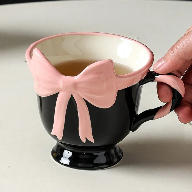 Ceramic mug with girl heart bow design in white or black pink colour, 301-400ml capacity