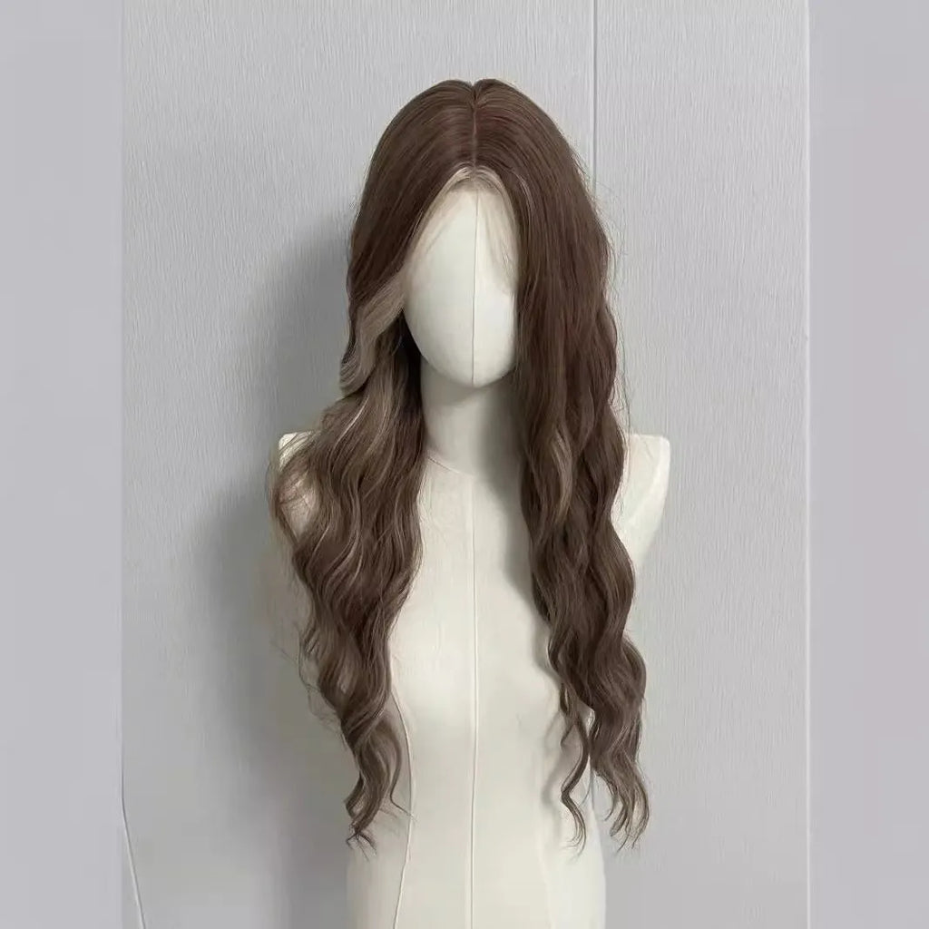Long curly synthetic wig in grey gold colour with highlights and lace front.