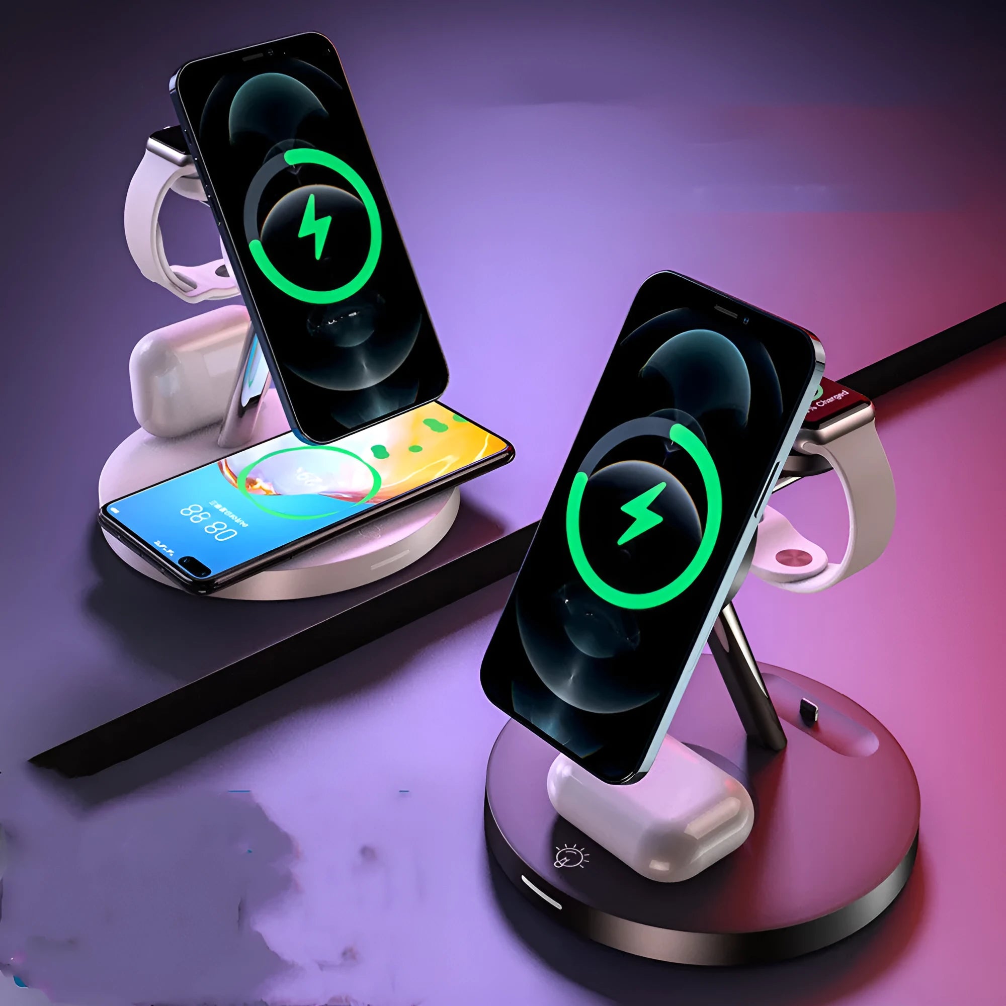 Magnetic three-in-one wireless fast charger in black with USB interface and data cable